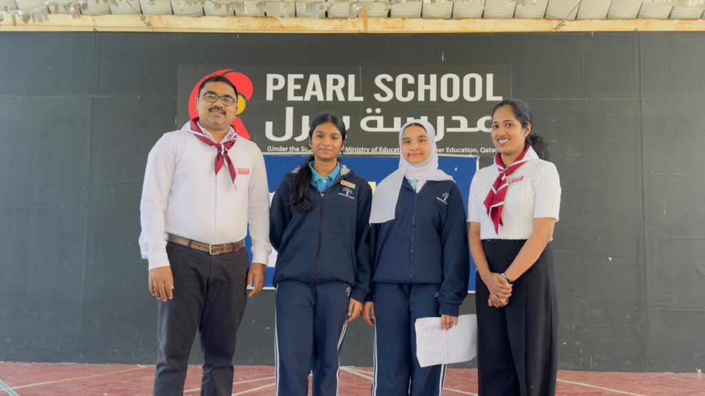 Pearl School students proudly displaying Scouts and Guides ba