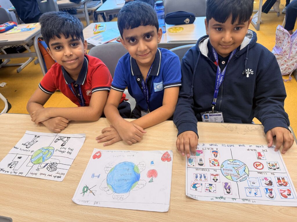 Grades 3 to 5 participating in World Health Day Poster Making Competition with creative health posters