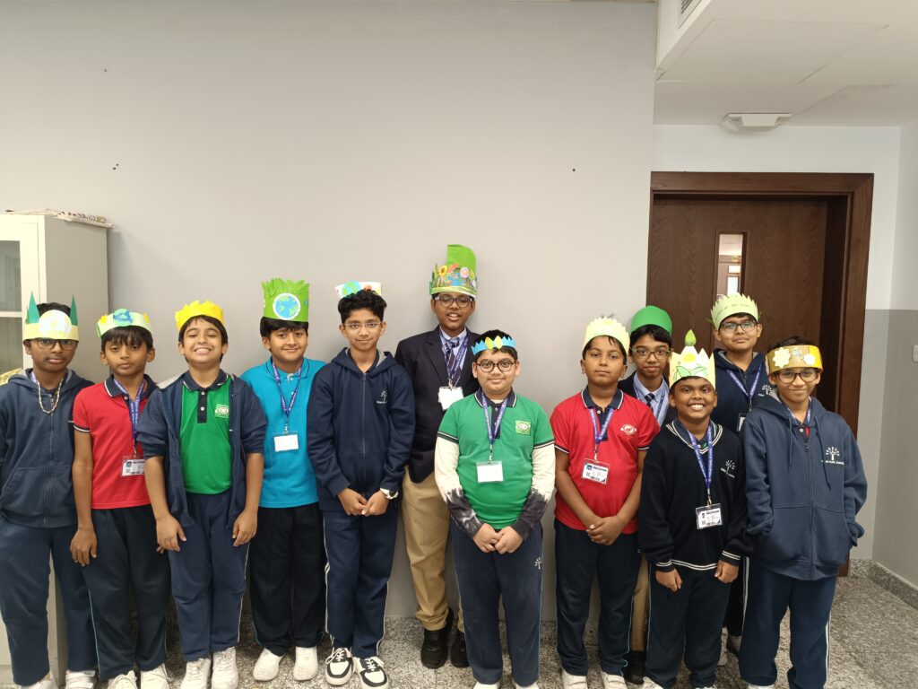Earth Day school activity students with handmade eco-friendly crowns