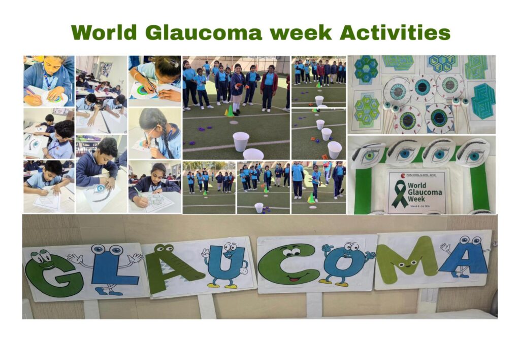 Students participating in World Glaucoma Week awareness session at Pearl School Al Dafna