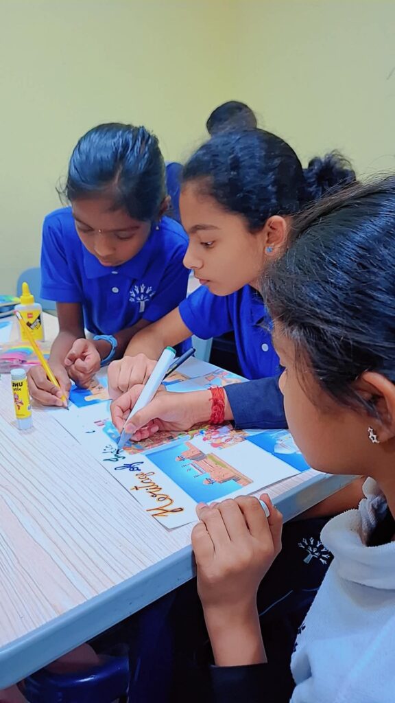Creative collage making by students during World Heritage Day celebration at Pearl School, Al Dafna Campus